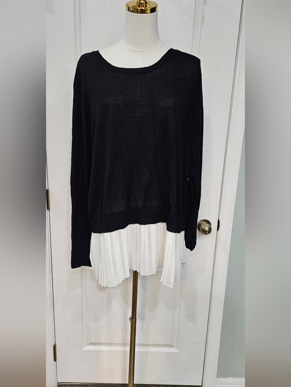 Fever Black Sweater with White Pleated Hem